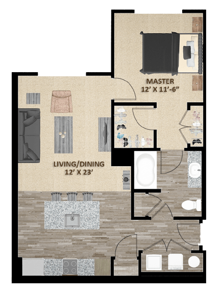 Floor plan for 1 bed, 1 bath, 749 sqft